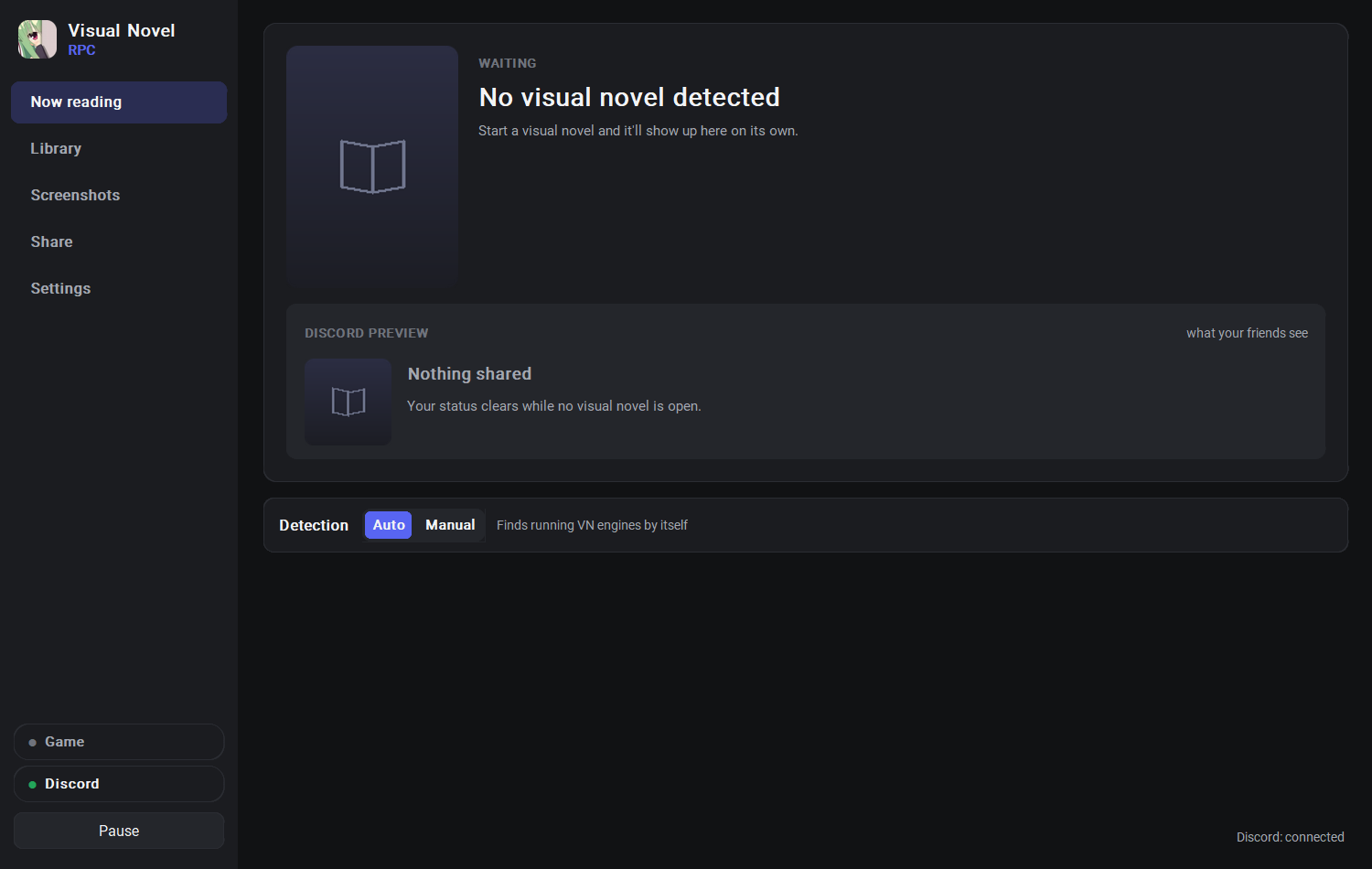 The Now reading page, waiting for a visual novel