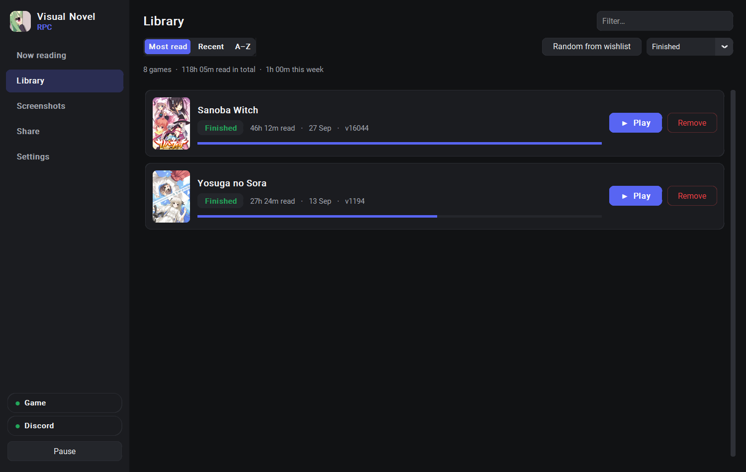 The Library filtered to Finished VNs