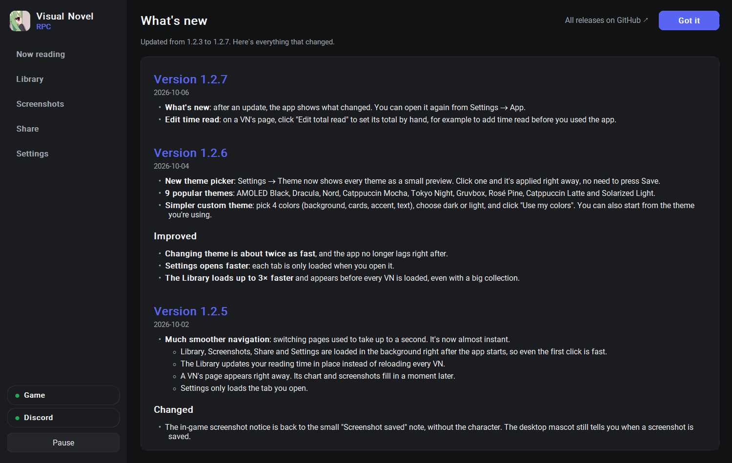 The What's new page after an update