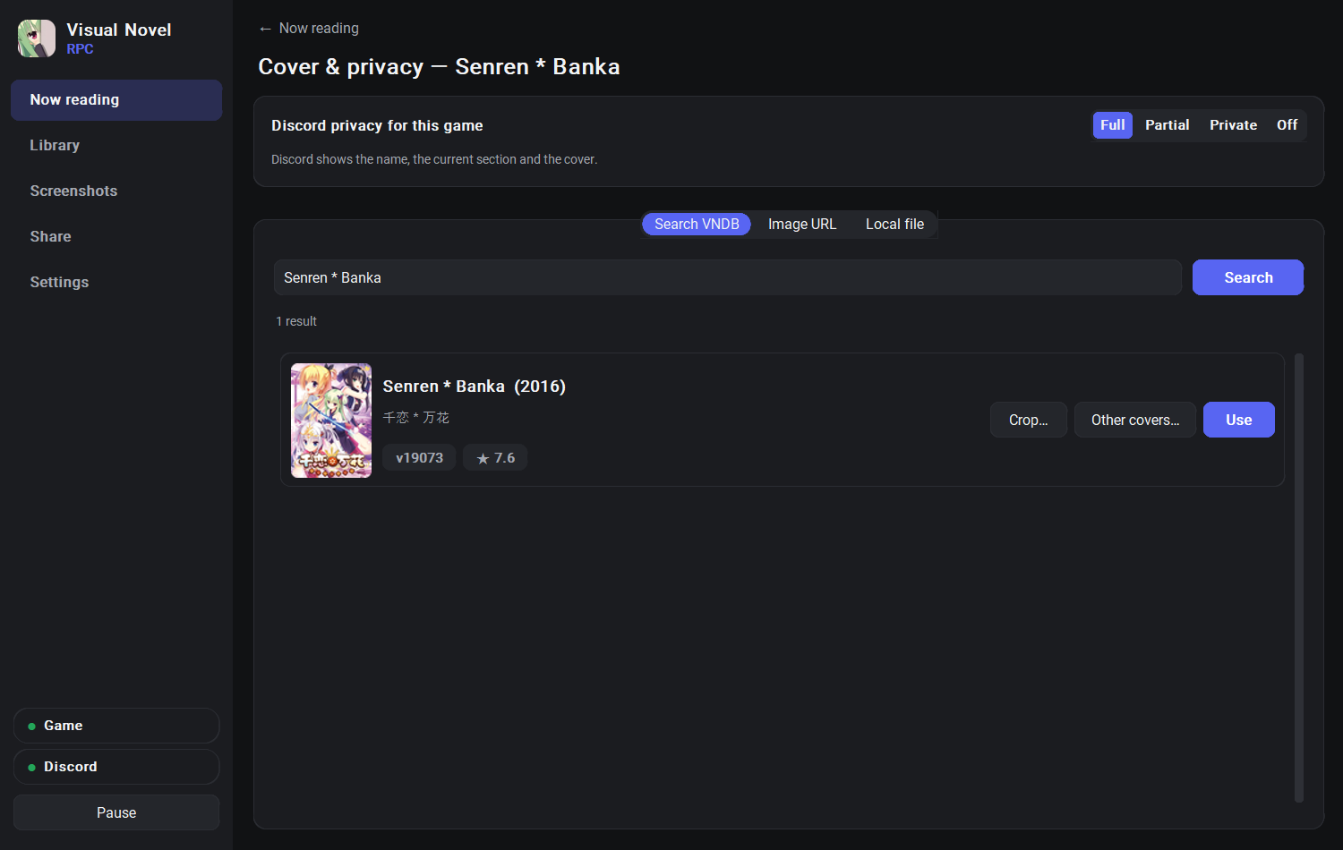 The Cover & privacy page with Full, Partial, Private and Off