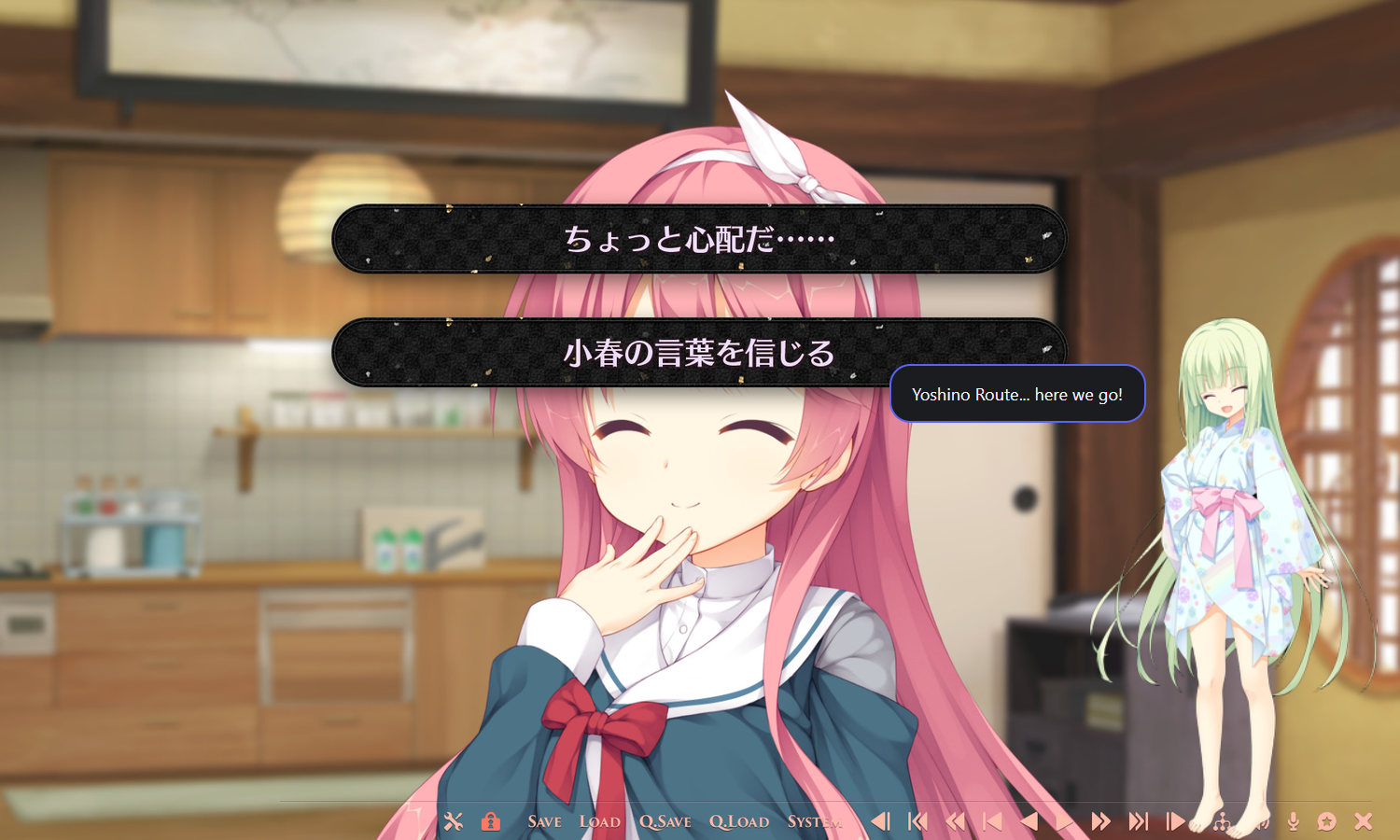 The desktop mascot over a game, saying “Chapter 4 — Yoshino Route... here we go!”
