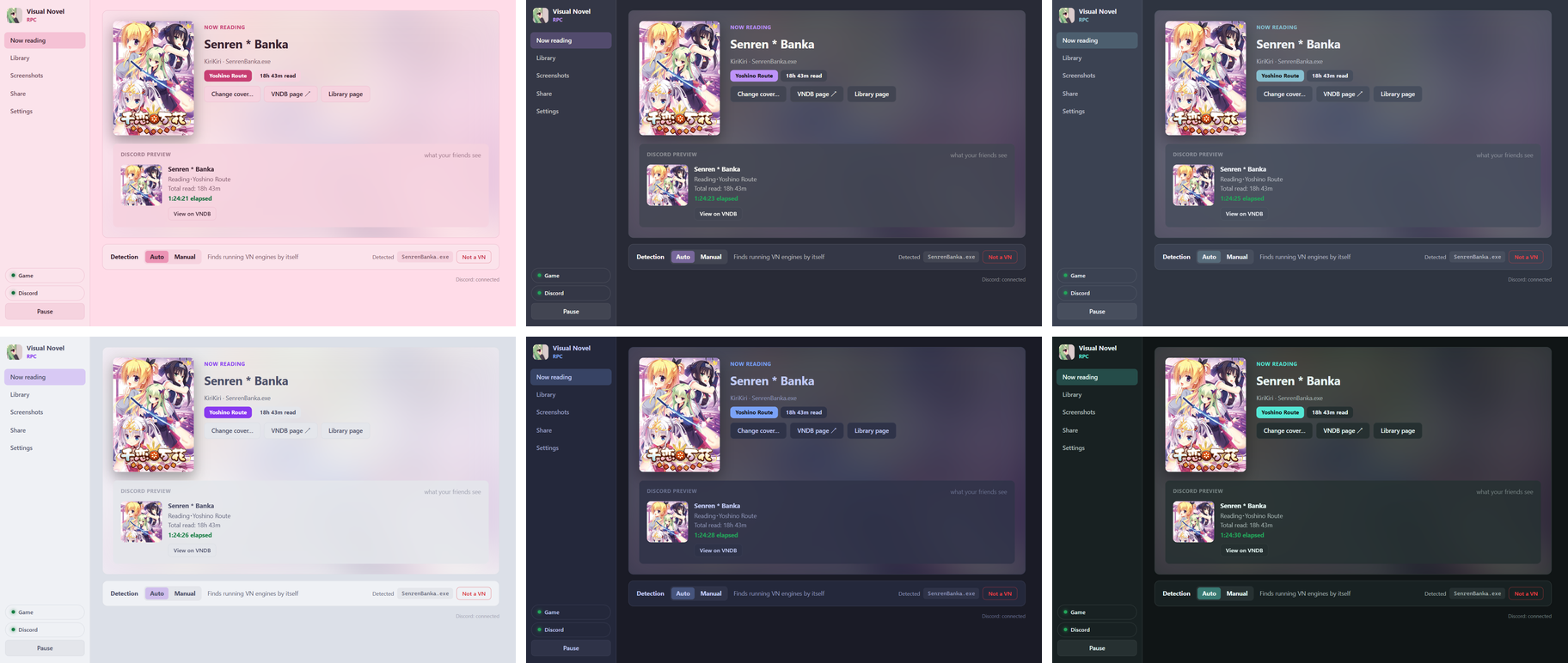 The Now reading page in six themes: Sakura, Dracula, Nord, Catppuccin Latte, Tokyo Night and Neon Mint