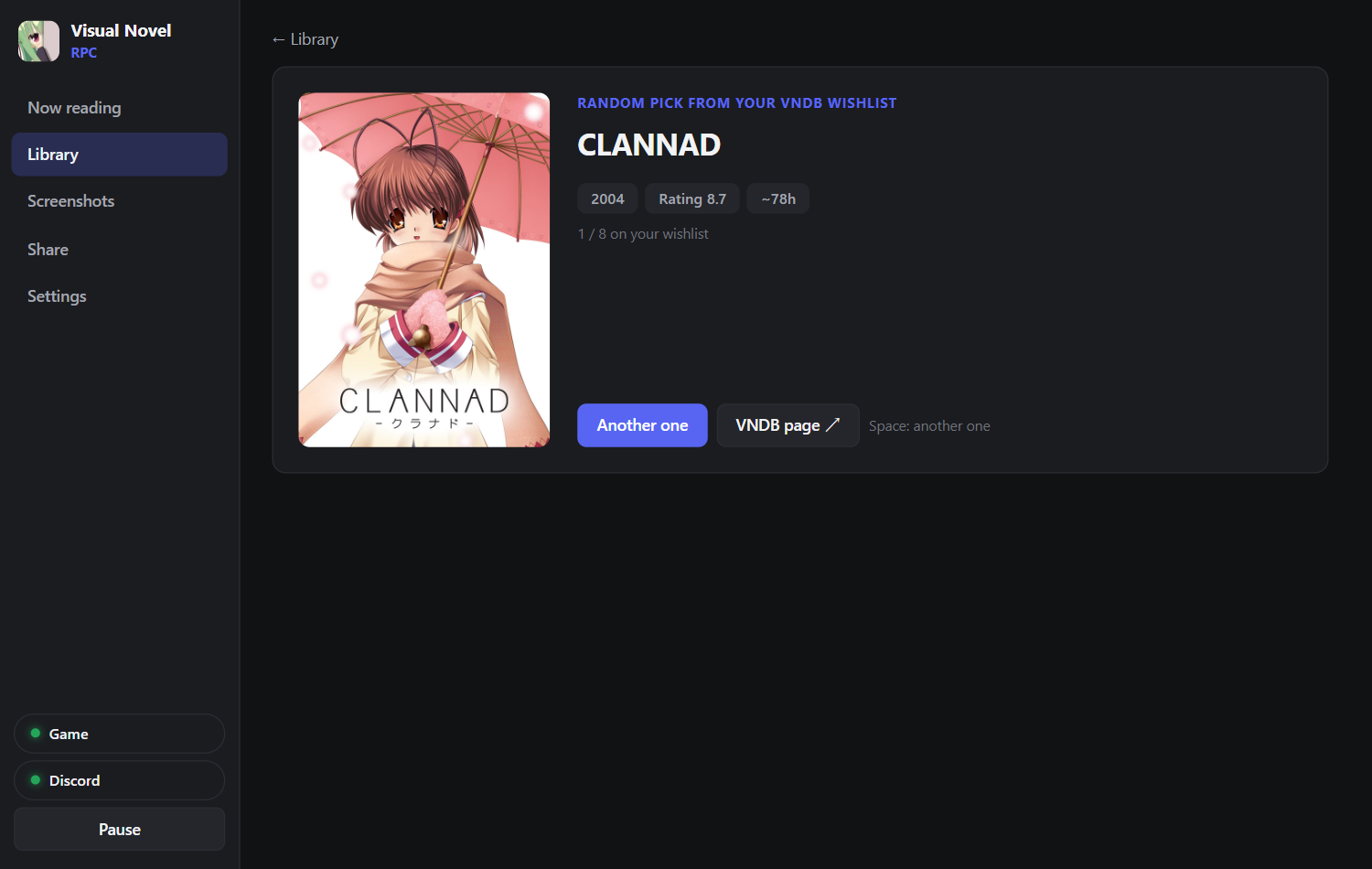 A random pick from the VNDB wishlist: CLANNAD, 2004, rating 8.7, about 78 hours